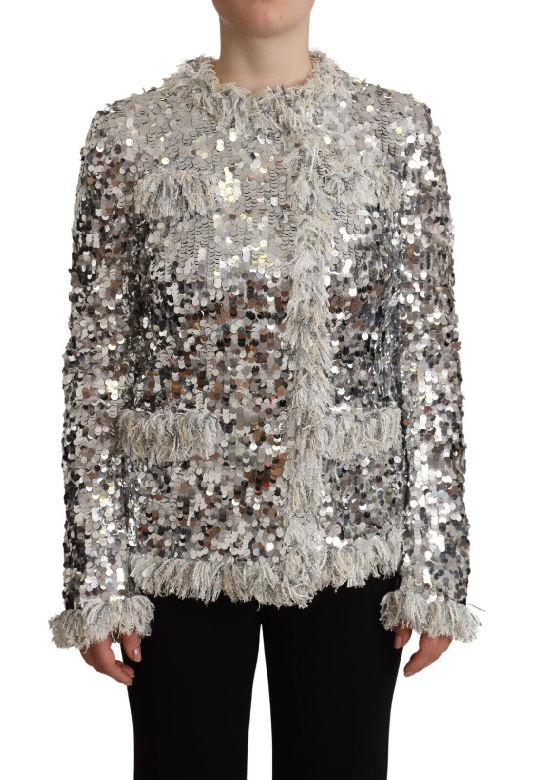 Dolce &amp; Gabbana Silver Sequined Shearling Long Sleeves Jacket