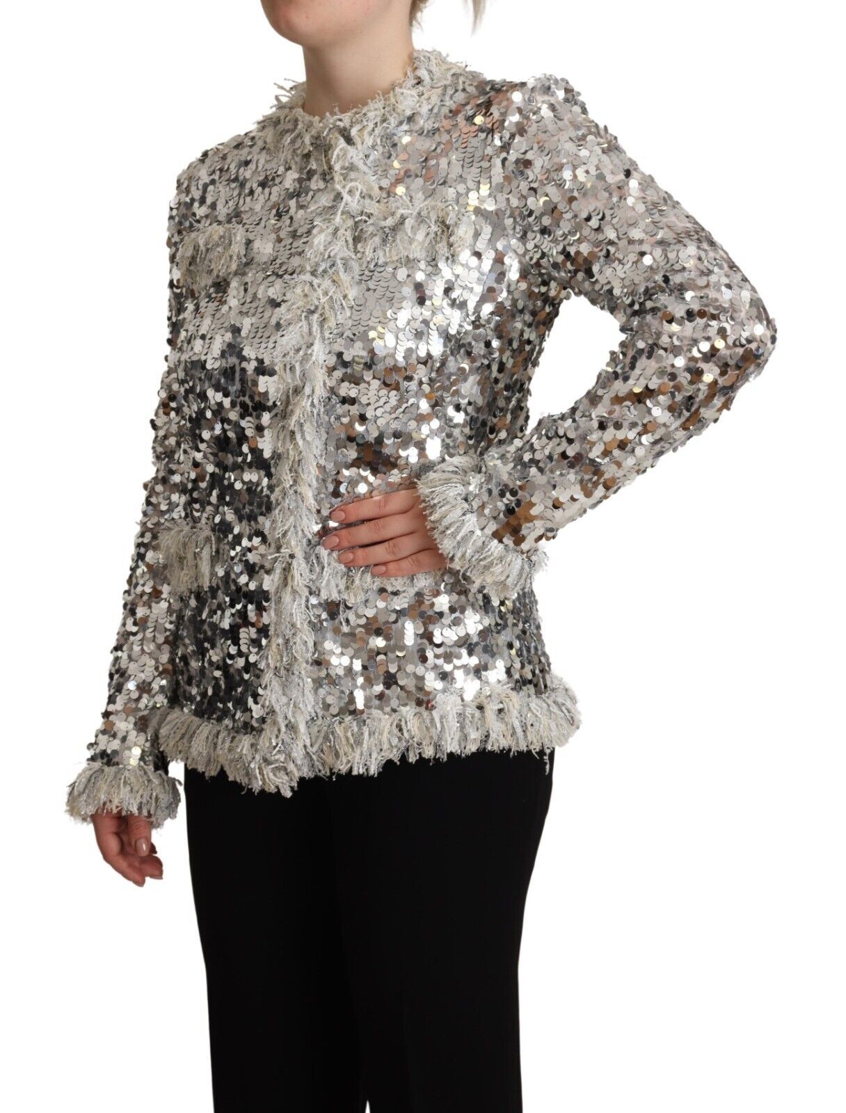 Dolce &amp; Gabbana Silver Sequined Shearling Long Sleeves Jacket