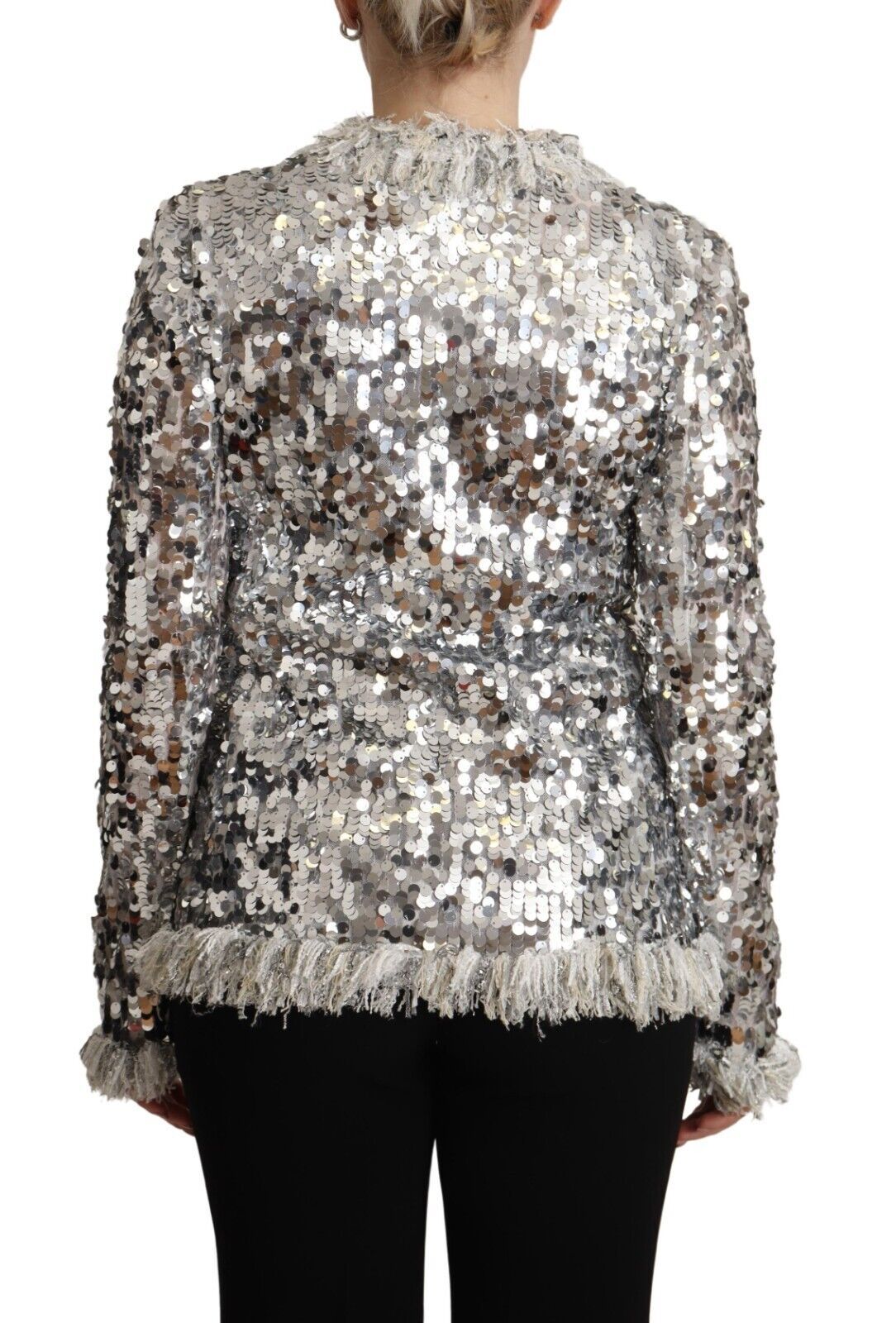 Dolce &amp; Gabbana Silver Sequined Shearling Long Sleeves Jacket