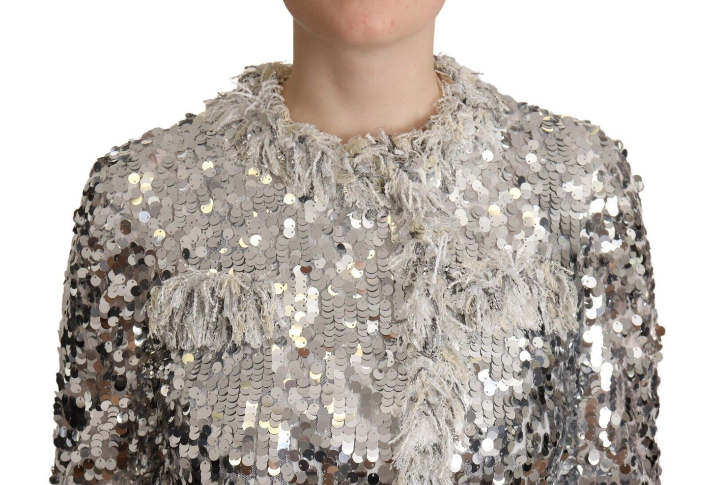 Dolce &amp; Gabbana Silver Sequined Shearling Long Sleeves Jacket