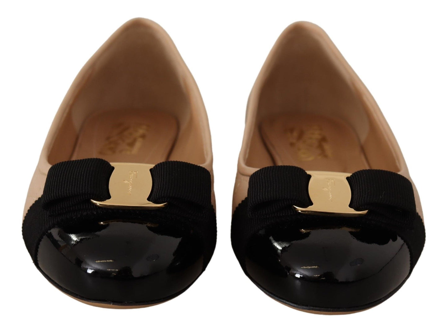 Salvatore Ferragamo Beige at Black Nappa Leather Ballet Flat Shoes