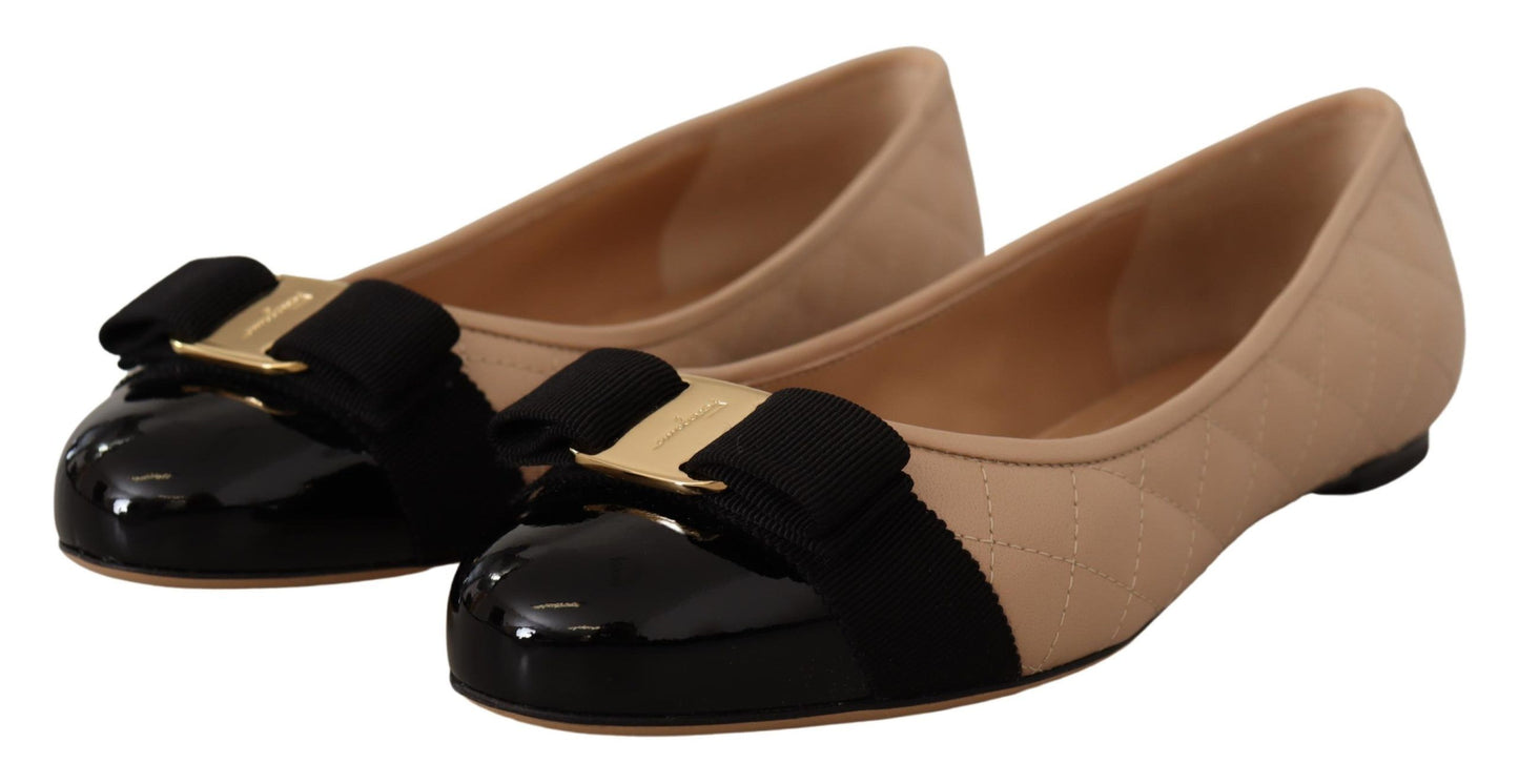 Salvatore Ferragamo Beige at Black Nappa Leather Ballet Flat Shoes