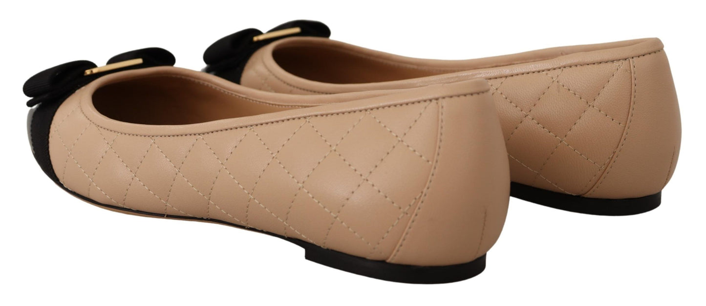 Salvatore Ferragamo Beige at Black Nappa Leather Ballet Flat Shoes