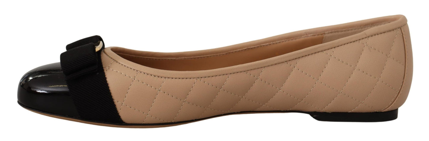 Salvatore Ferragamo Beige at Black Nappa Leather Ballet Flat Shoes