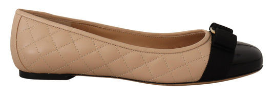 Salvatore Ferragamo Beige at Black Nappa Leather Ballet Flat Shoes