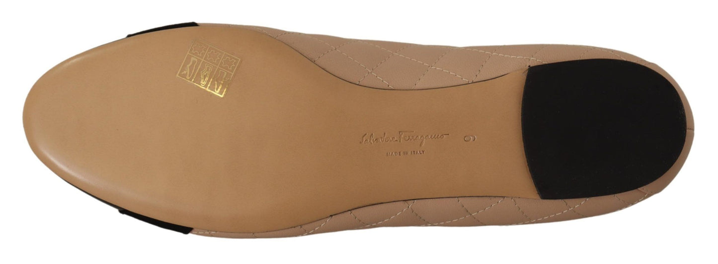 Salvatore Ferragamo Beige at Black Nappa Leather Ballet Flat Shoes