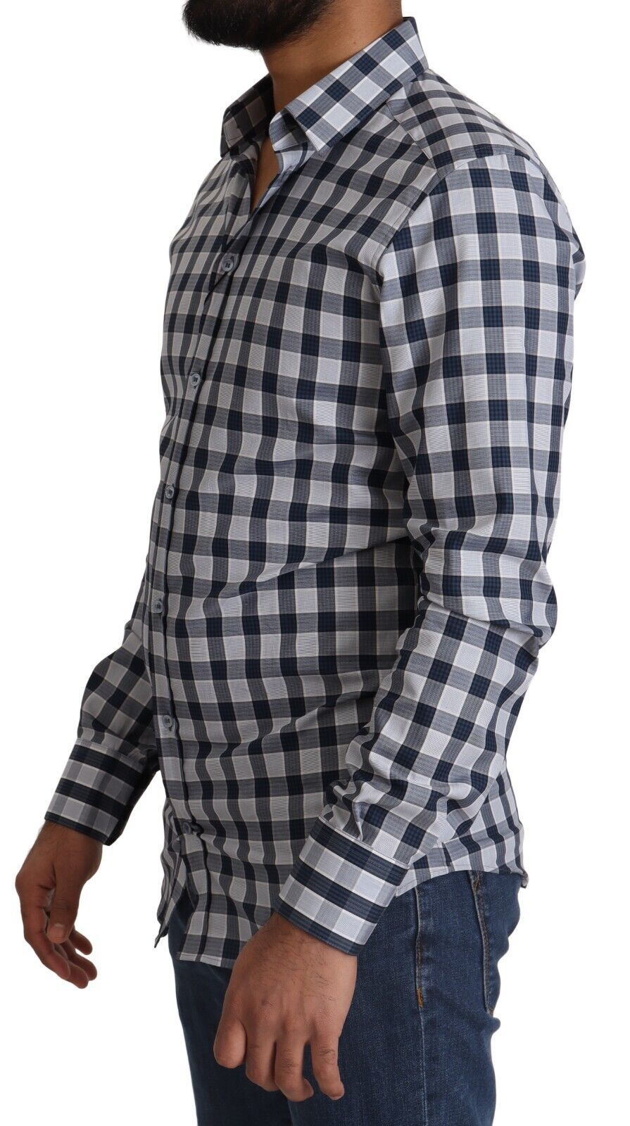 Dolce &amp; Gabbana Blue White Check Cotton Slim Fit GOLD Shirt