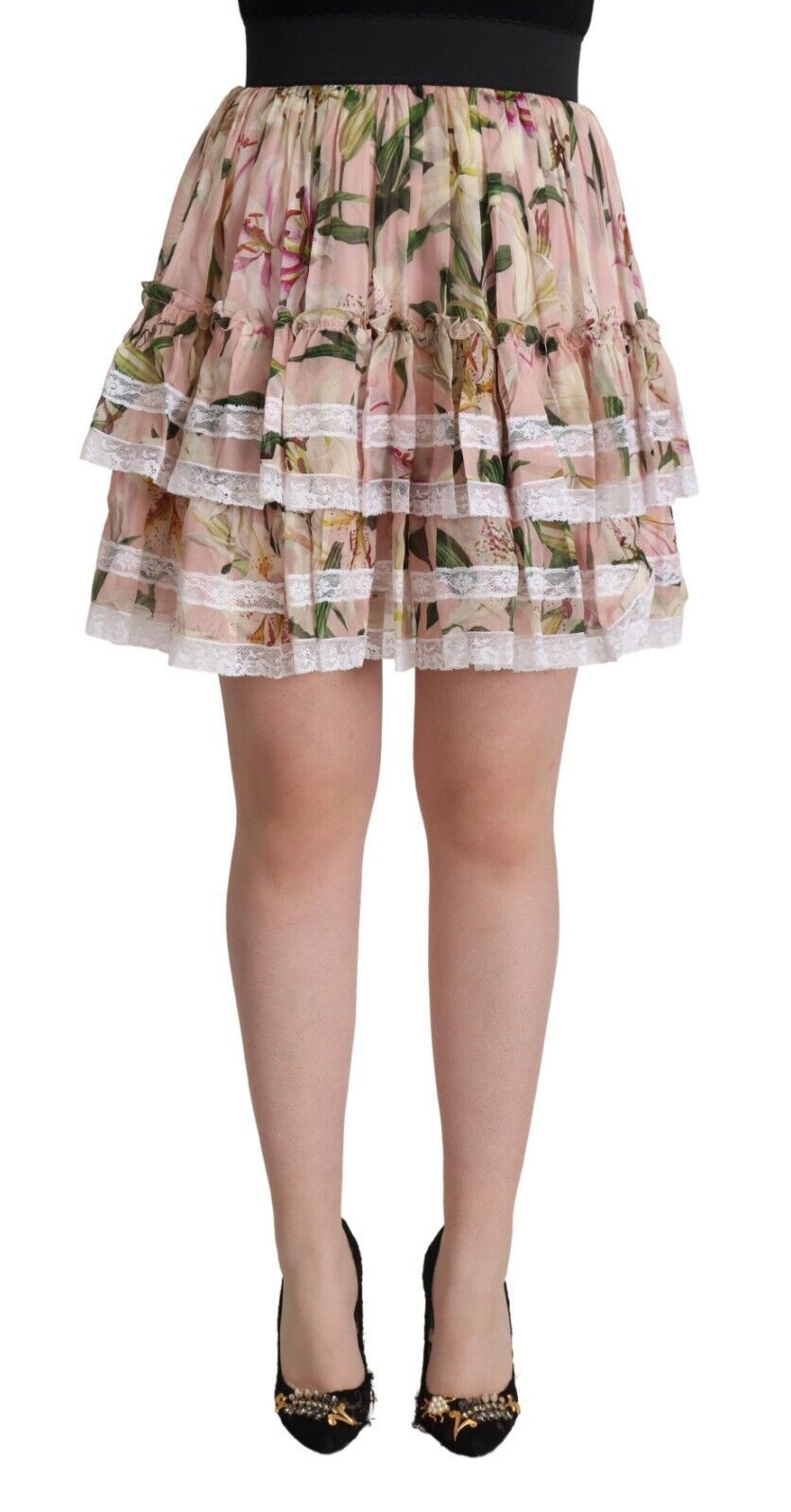 Dolce &amp; Gabbana Pink Lily Print Silk Mini Tiered A-line Skirt