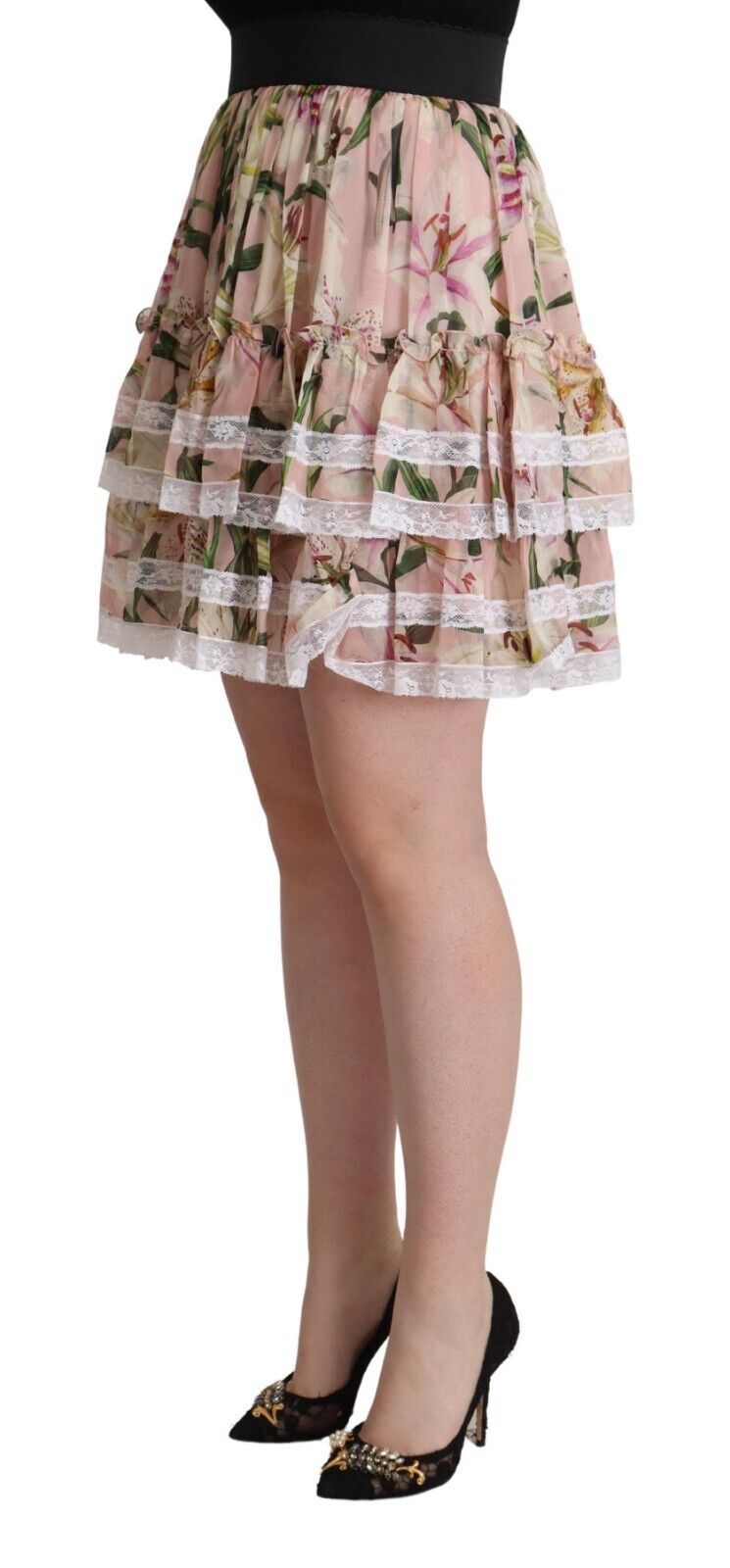 Dolce &amp; Gabbana Pink Lily Print Silk Mini Tiered A-line Skirt