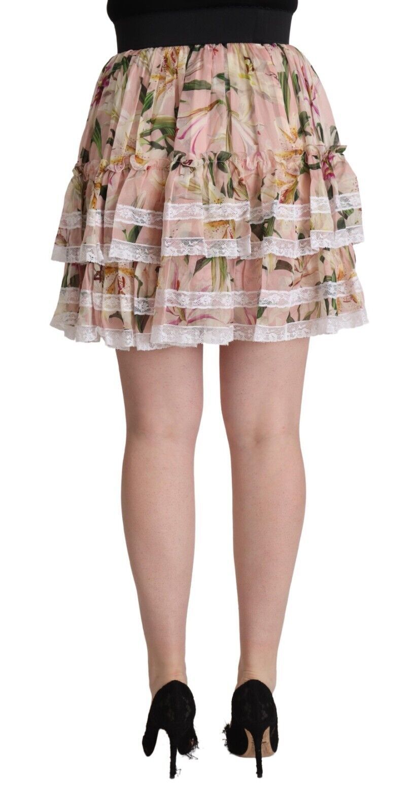 Dolce &amp; Gabbana Pink Lily Print Silk Mini Tiered A-line Skirt