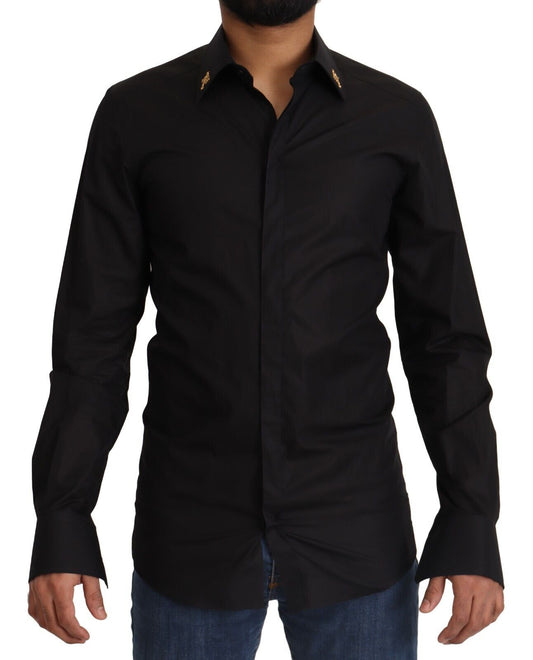 Dolce &amp; Gabbana Black GOLD Cotton Crystal Cross Slim Shirt