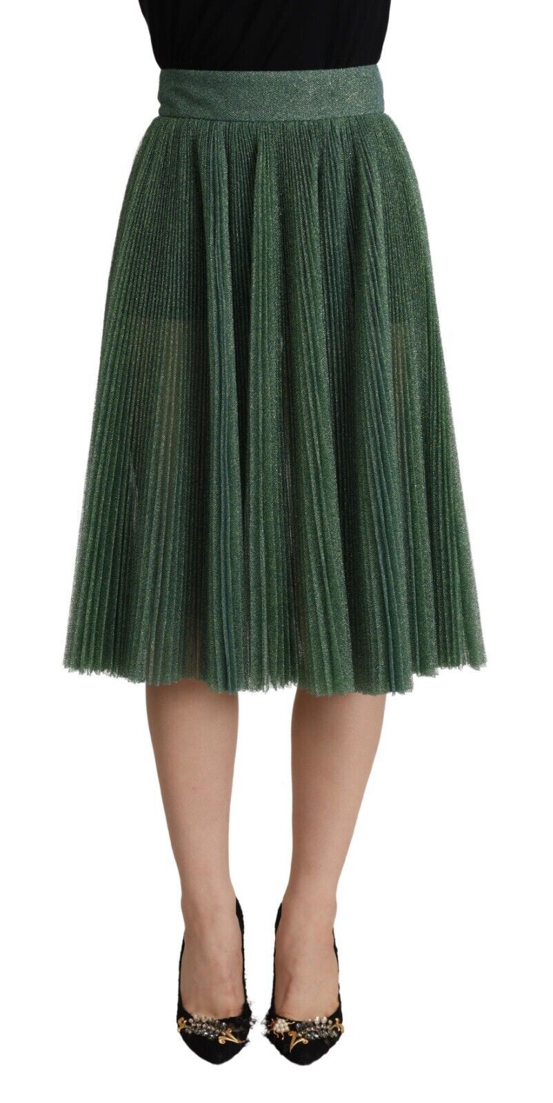 Dolce &amp; Gabbana Metallic Green High Waist A-line Pleated Skirt