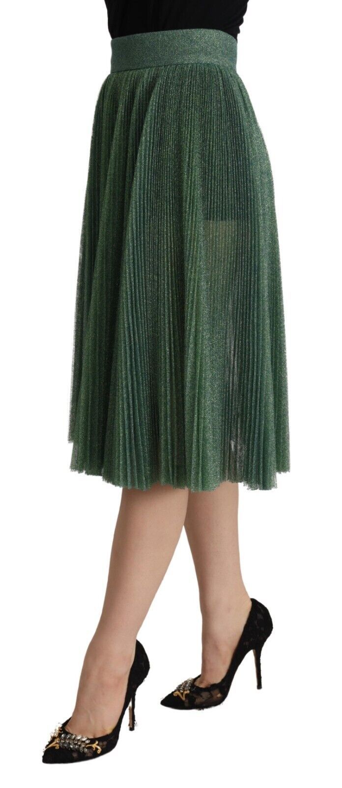 Dolce &amp; Gabbana Metallic Green High Waist A-line Pleated Skirt