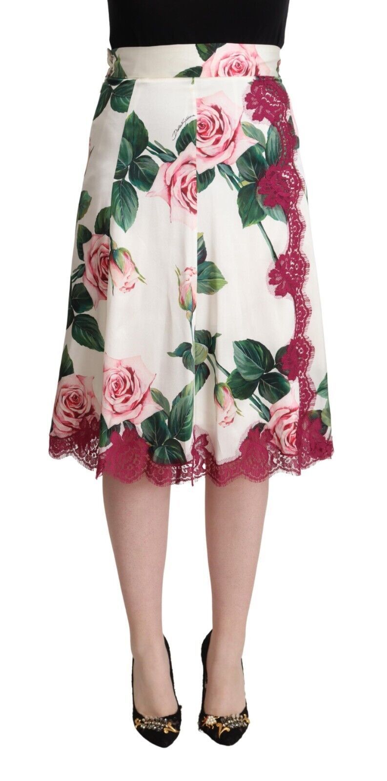 Dolce &amp; Gabbana White Rose Print High Waist Midi A-line Skirt