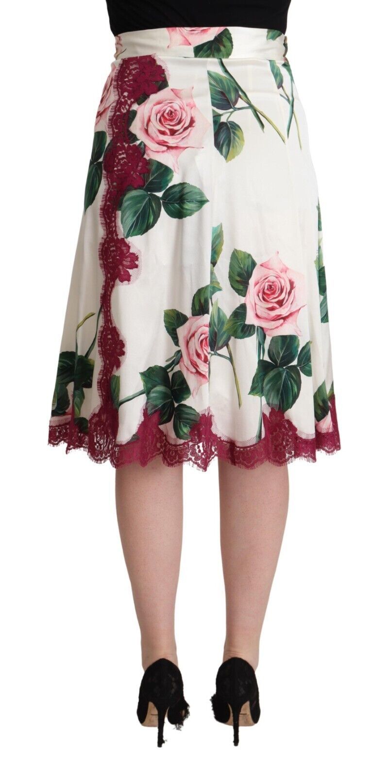 Dolce &amp; Gabbana White Rose Print High Waist Midi A-line Skirt