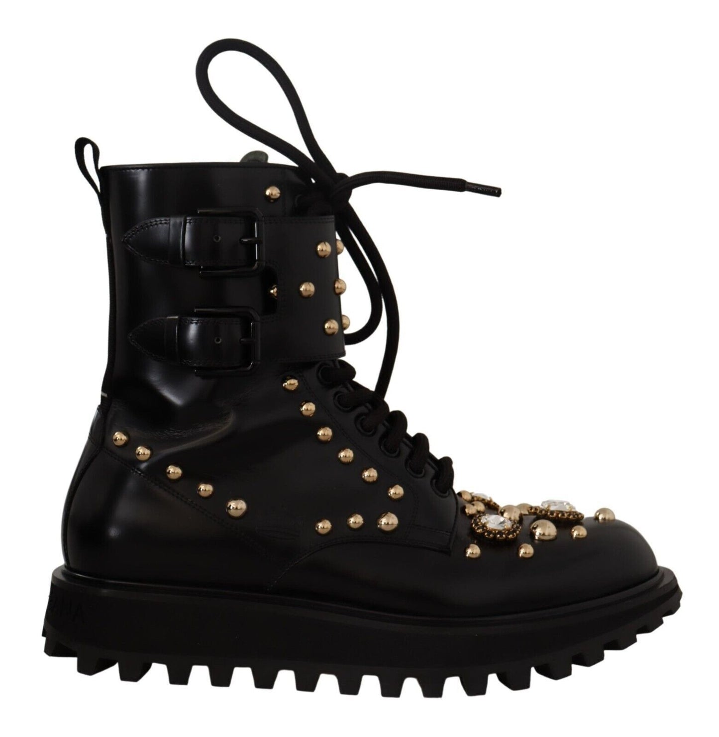 Dolce &amp; Gabbana Black Leather Crystal Embellished Boots Shoes