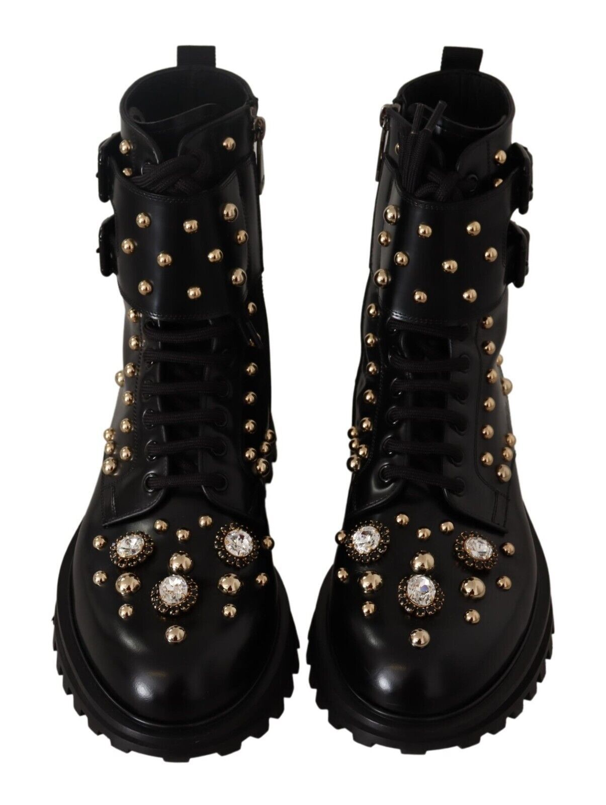 Dolce &amp; Gabbana Black Leather Crystal Embellished Boots Shoes