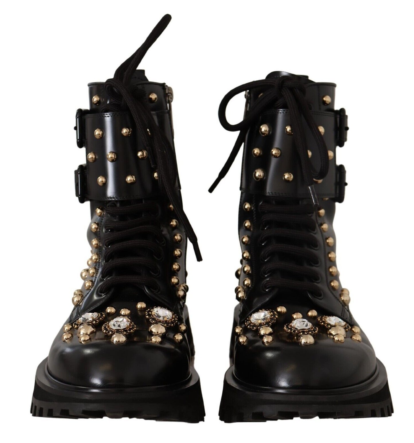 Dolce &amp; Gabbana Black Leather Crystal Embellished Boots Shoes