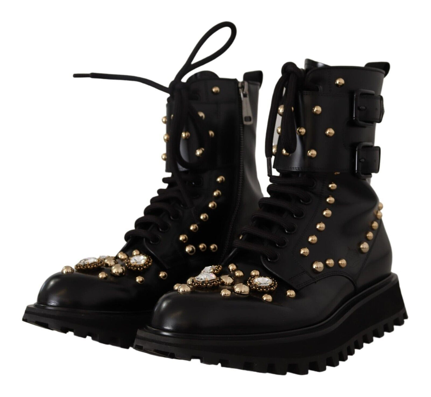 Dolce &amp; Gabbana Black Leather Crystal Embellished Boots Shoes