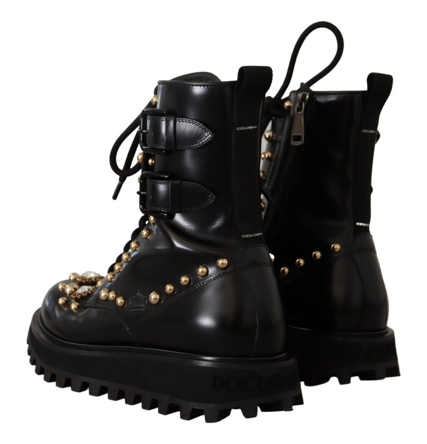 Dolce &amp; Gabbana Black Leather Crystal Embellished Boots Shoes