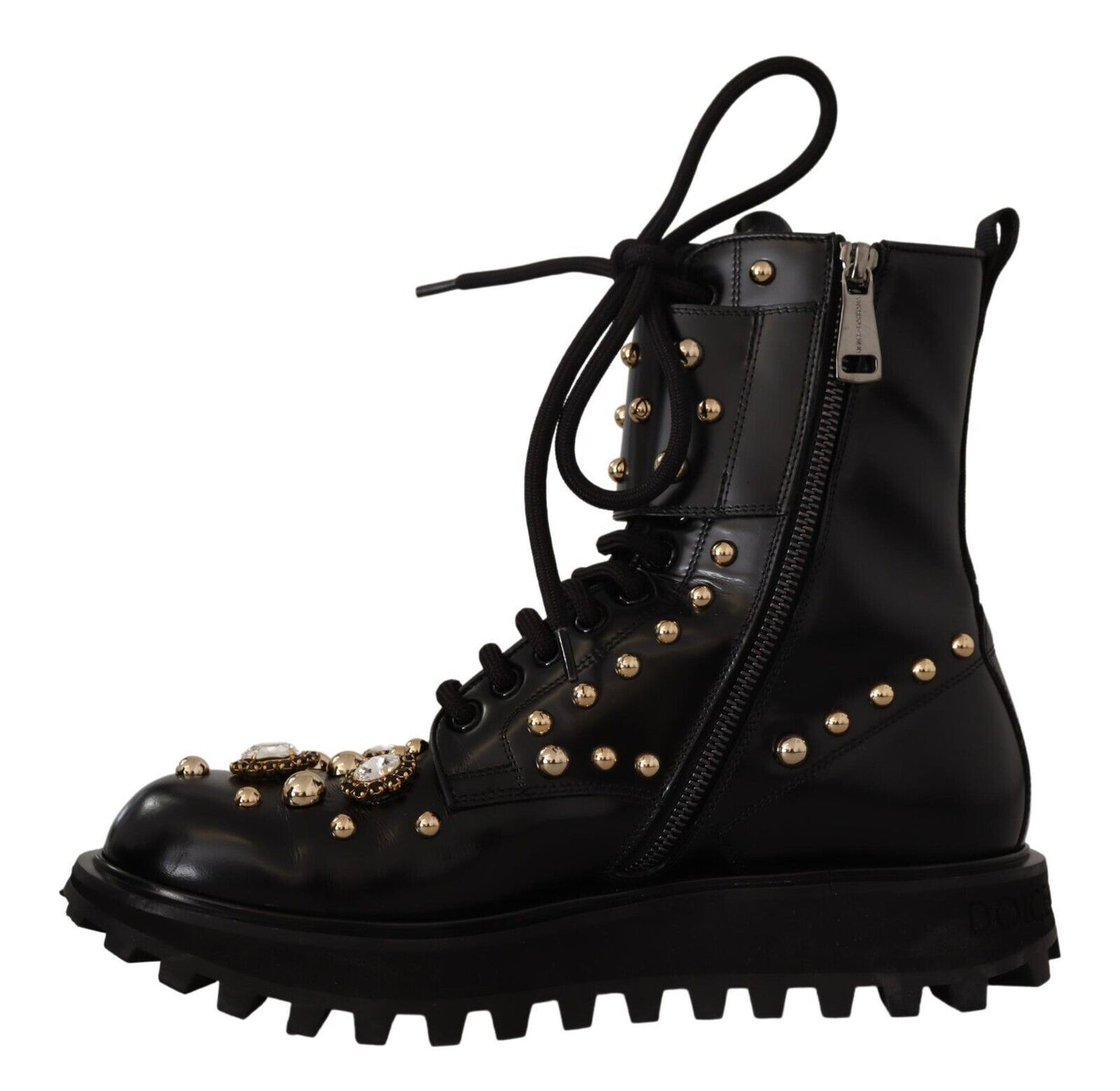 Dolce &amp; Gabbana Black Leather Crystal Embellished Boots Shoes