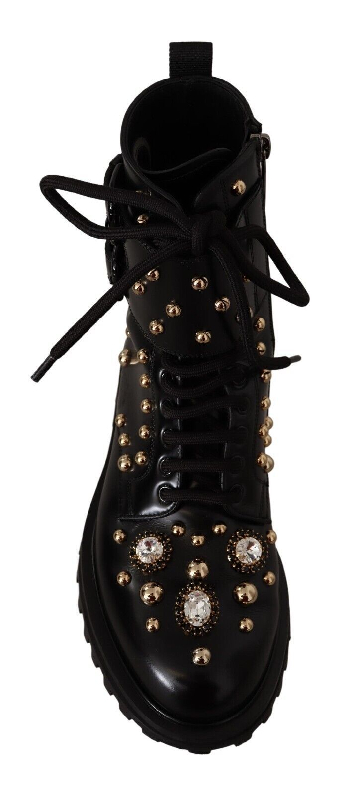 Dolce &amp; Gabbana Black Leather Crystal Embellished Boots Shoes