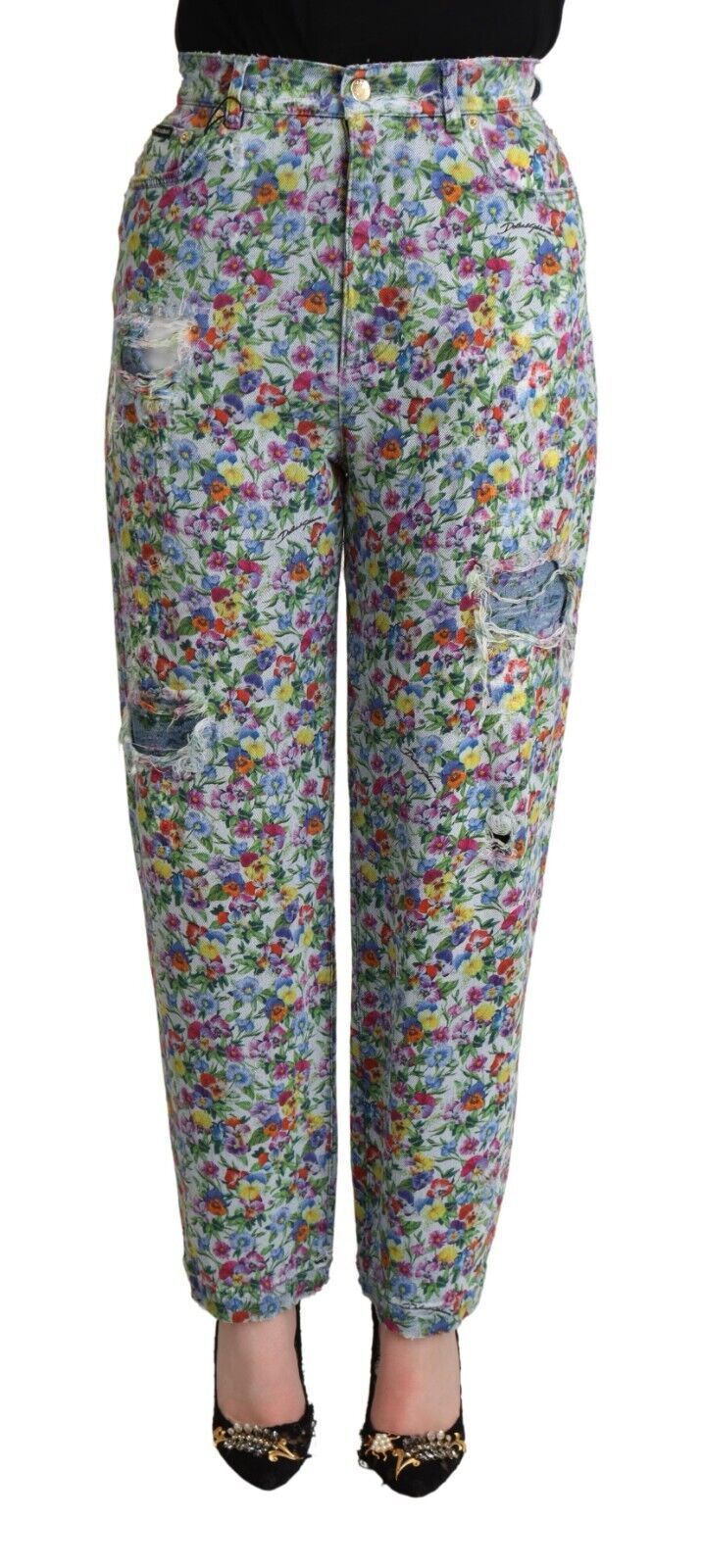 Dolce &amp; Gabbana Blue Floral Print High Waist Denim Tapered Jeans