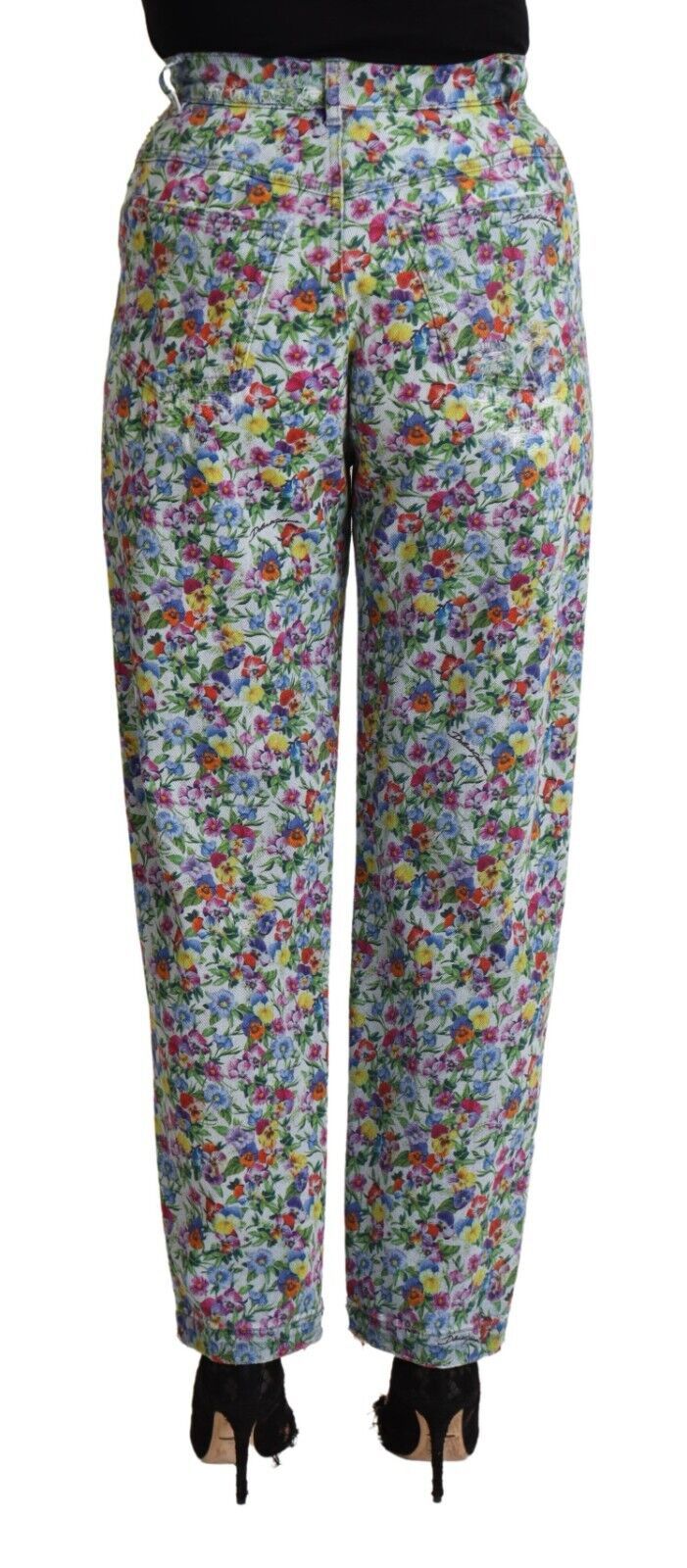 Dolce &amp; Gabbana Blue Floral Print High Waist Denim Tapered Jeans