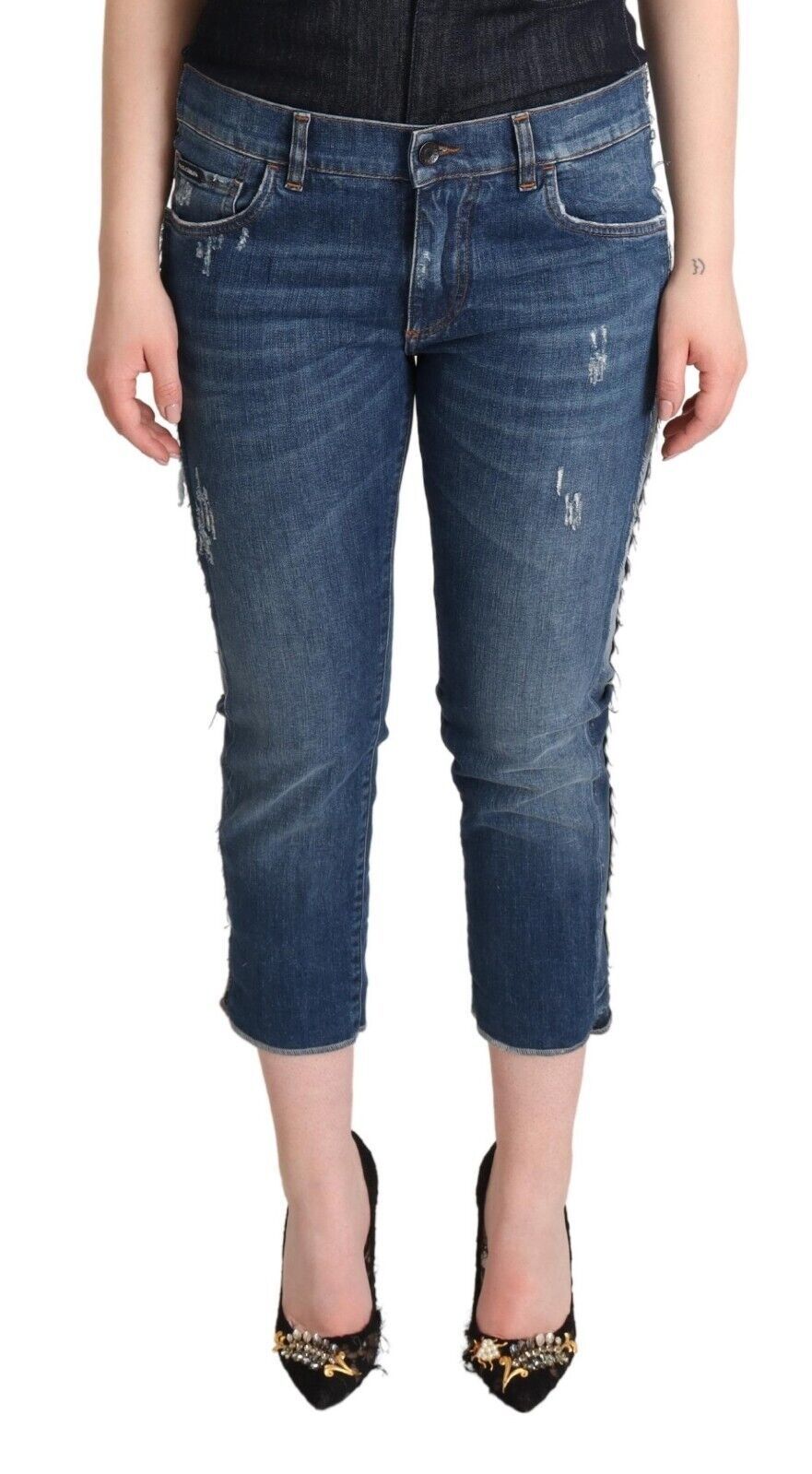 Dolce &amp; Gabbana Blue Washed Mid Waist Denim Logo Cropped Jeans