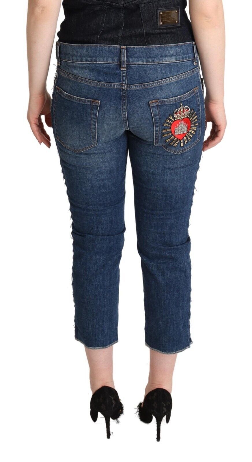 Dolce &amp; Gabbana Blue Washed Mid Waist Denim Logo Cropped Jeans