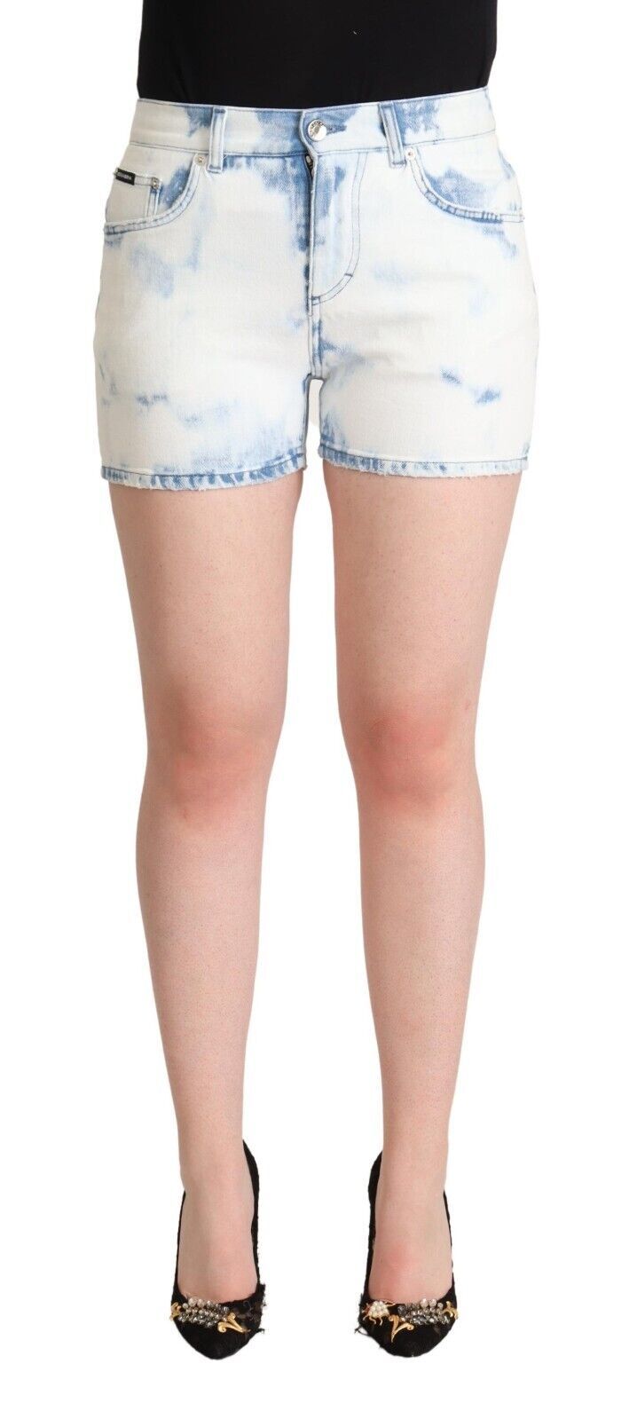 Dolce &amp; Gabbana White Blue Dye Cotton Mid Waist Denim Shorts