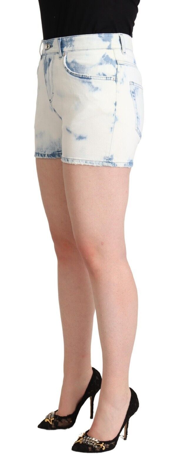 Dolce &amp; Gabbana White Blue Dye Cotton Mid Waist Denim Shorts