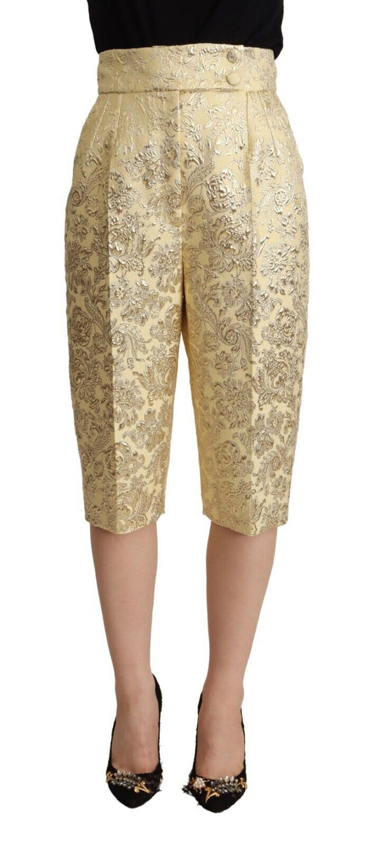 Dolce &amp; Gabbana Beige geblümte Brokat-Hose mit hoher Taille, kurze Hose