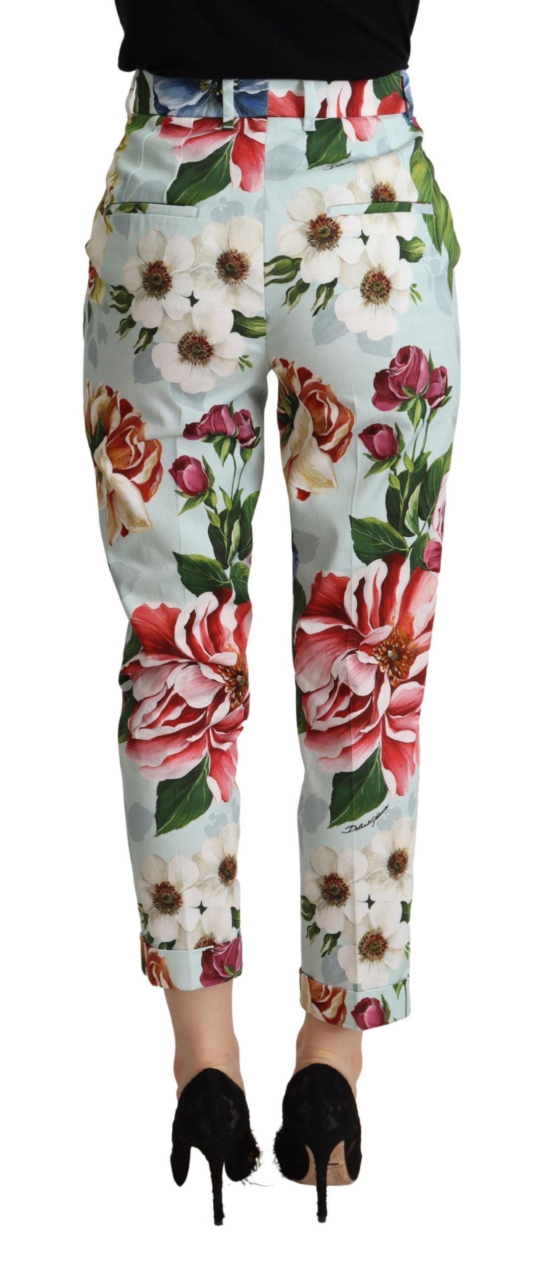 Dolce &amp; Gabbana Hellblaue Baumwollhose mit Fiori-Print, schmal zulaufende Hose