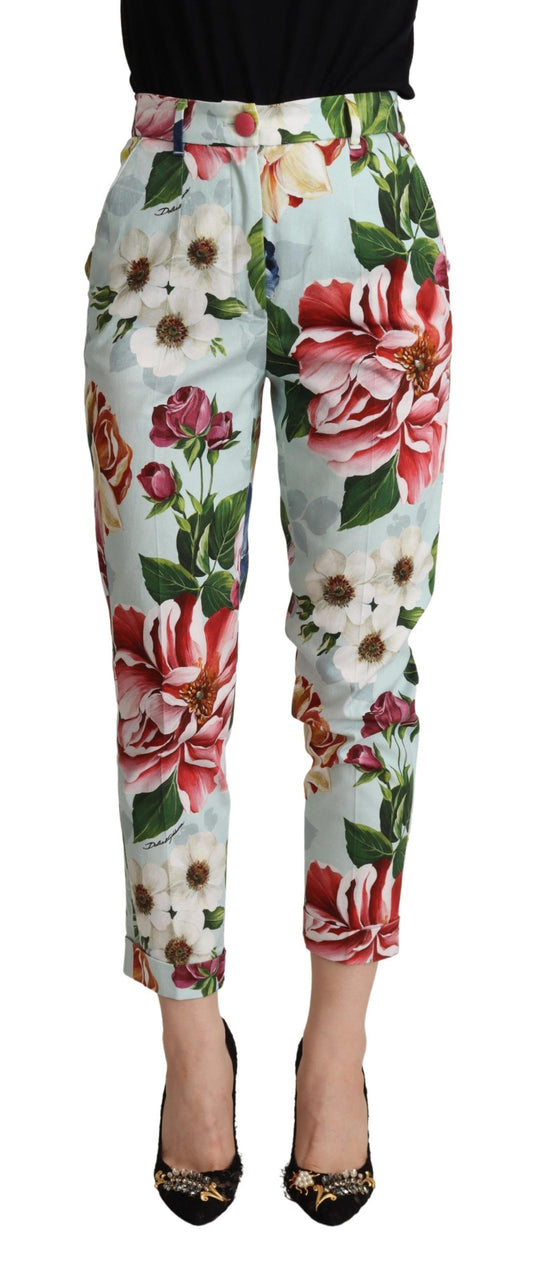 Dolce &amp; Gabbana Light Blue Fiori Print Cotton Trouser Tapered Pants