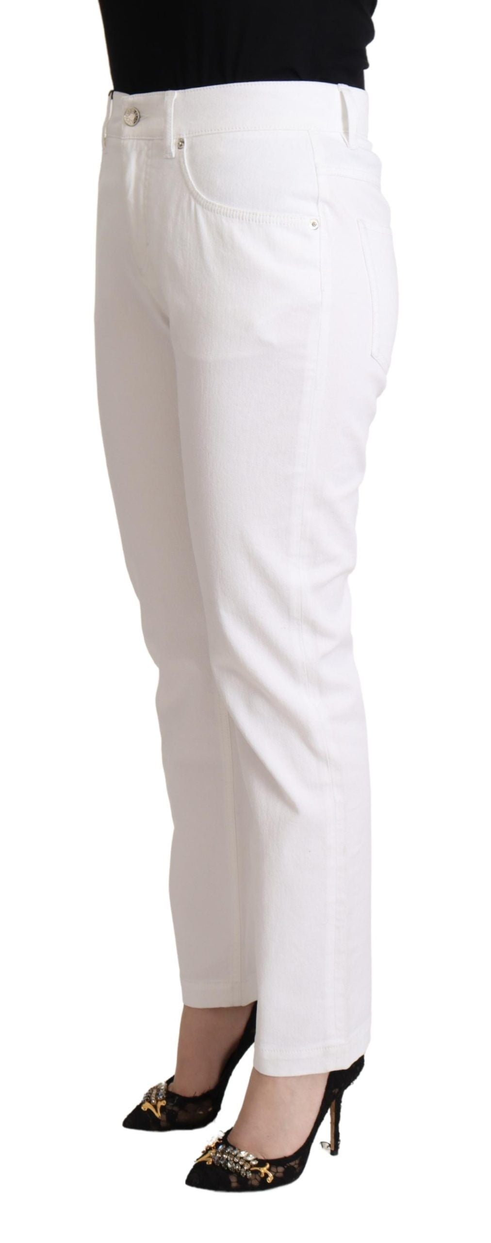 Dolce &amp; Gabbana White Cotton Mid Waist Denim Tapered Jeans