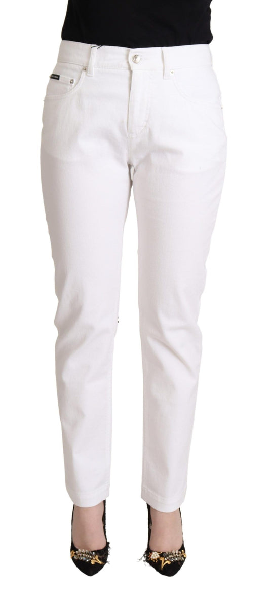 Dolce &amp; Gabbana White Cotton Mid Waist Denim Tapered Jeans