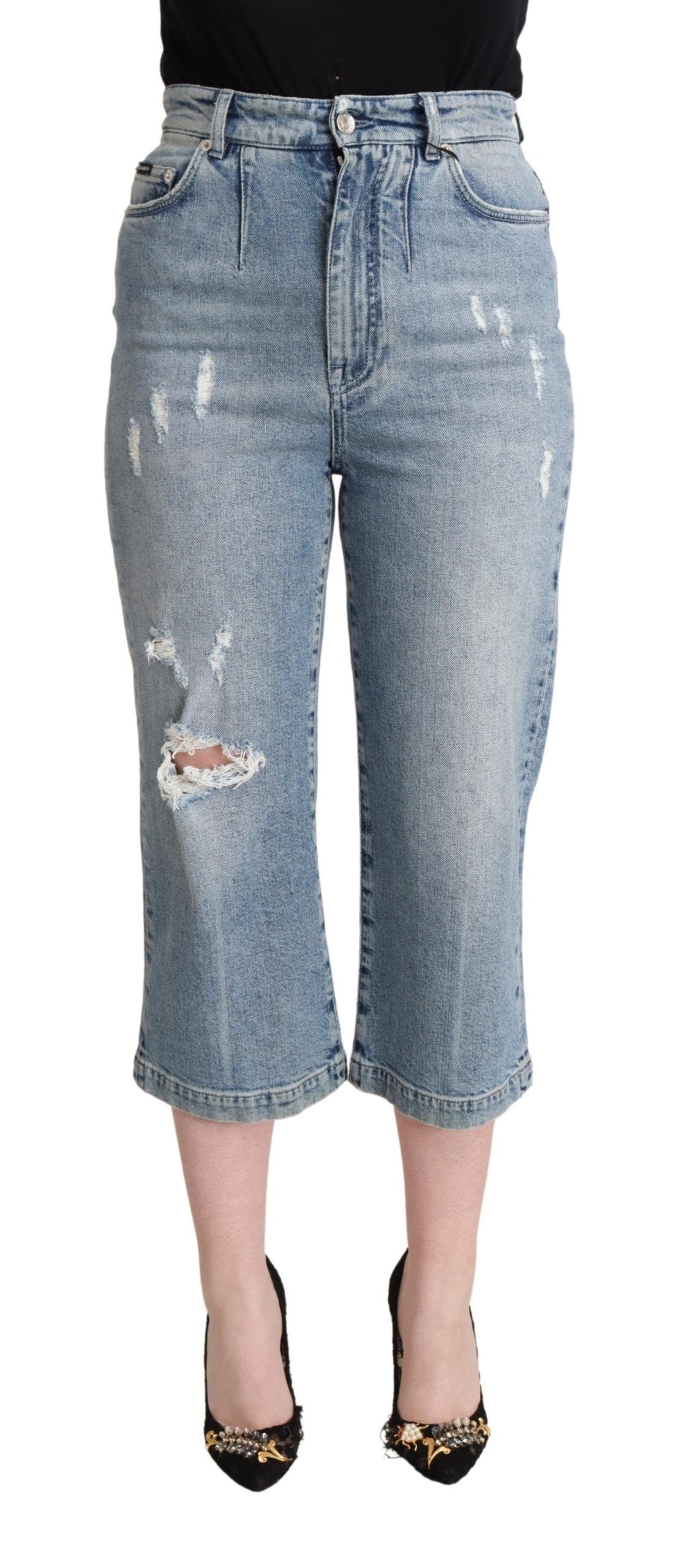 Dolce &amp; Gabbana Blue Tattered Cotton Denim Capri Cropped Jeans