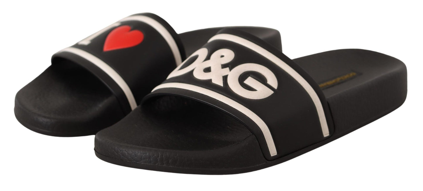 Dolce &amp; Gabbana Black Leather I Love D&amp;G Slides Sandals