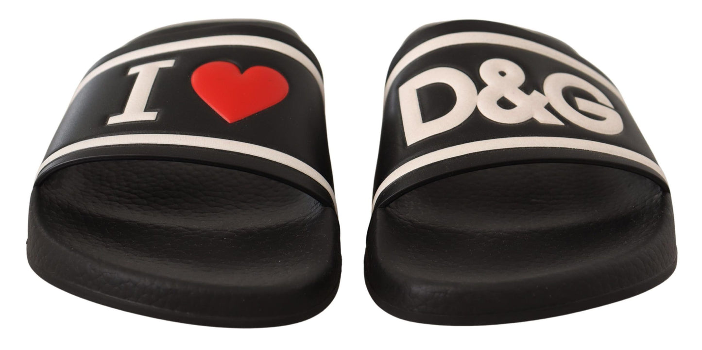 Dolce &amp; Gabbana Black Leather I Love D&amp;G Slides Sandals