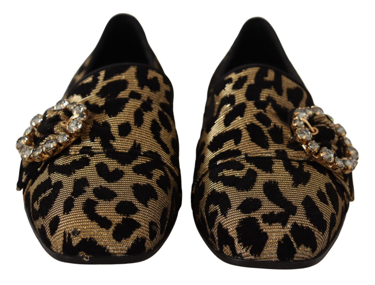 Dolce &amp; Gabbana Gold Leopard Print Crystals Loafers Shoes