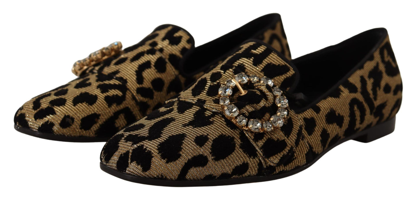 Dolce &amp; Gabbana Gold Leopard Print Crystals Loafers Shoes