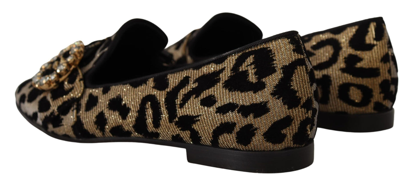 Dolce &amp; Gabbana Gold Leopard Print Crystals Loafers Shoes