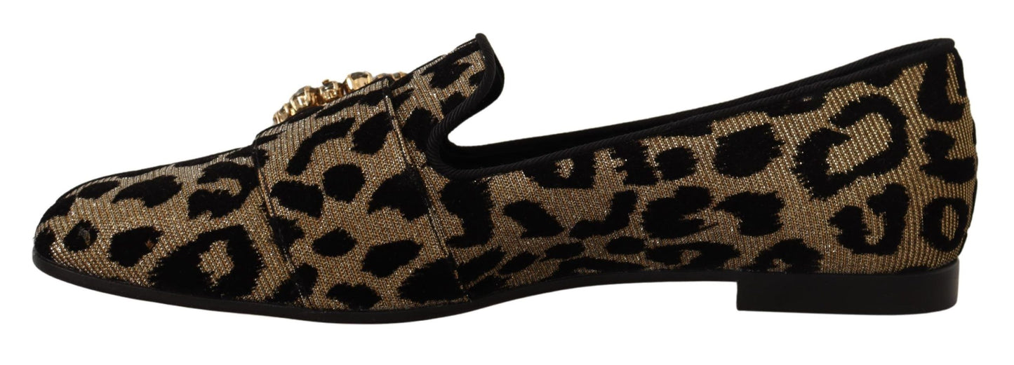 Dolce &amp; Gabbana Gold Leopard Print Crystals Loafers Shoes