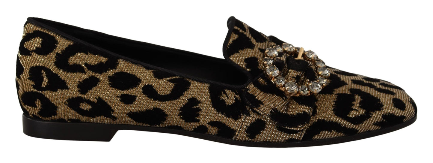 Dolce &amp; Gabbana Gold Leopard Print Crystals Loafers Shoes