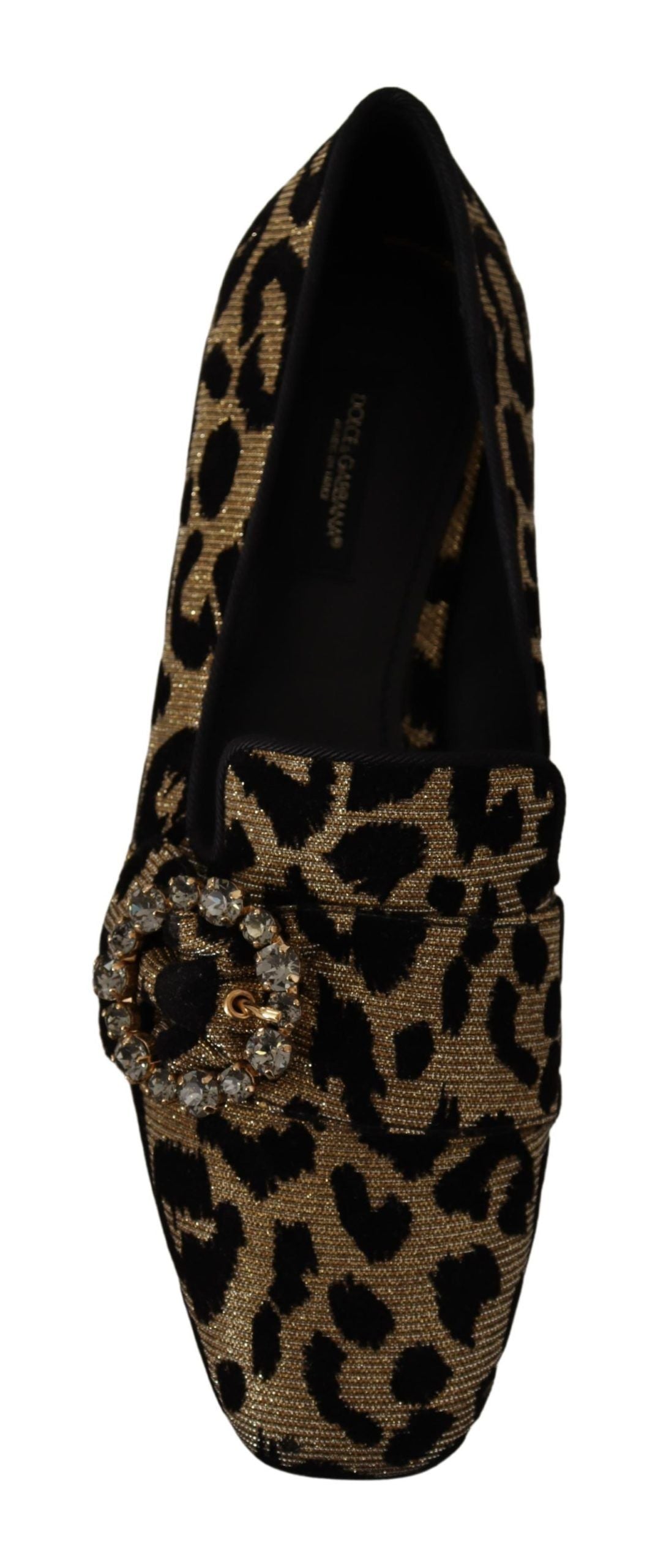 Dolce &amp; Gabbana Gold Leopard Print Crystals Loafers Shoes