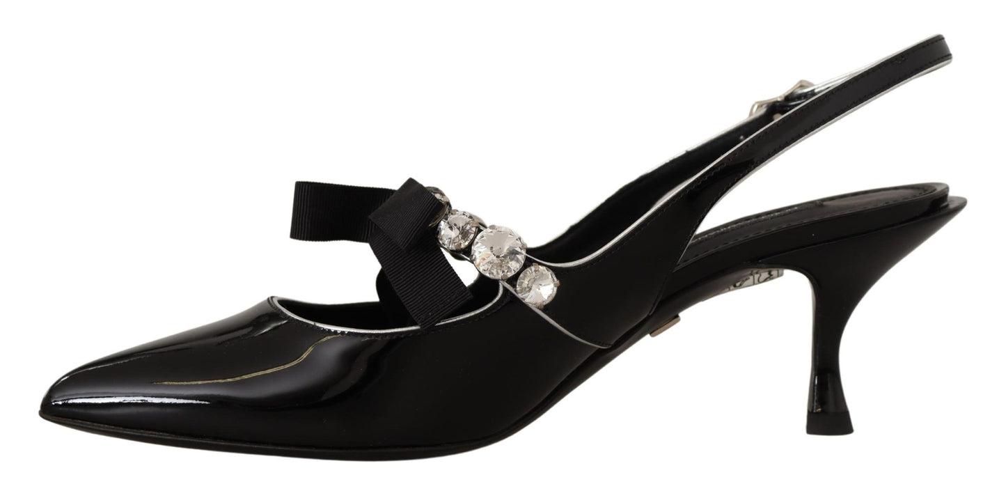 Dolce &amp; Gabbana Black Patent Leather Crystal Slingbacks Shoes