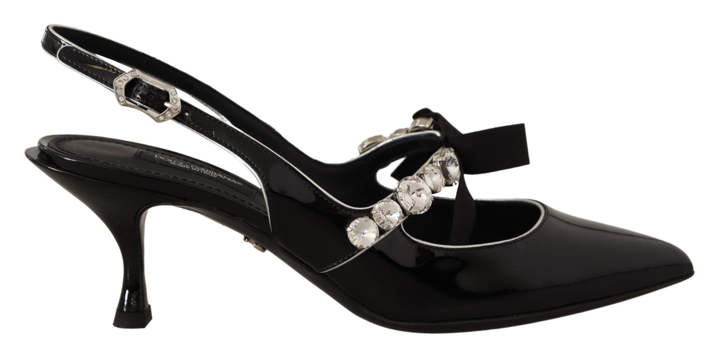 Dolce &amp; Gabbana Black Patent Leather Crystal Slingbacks Shoes