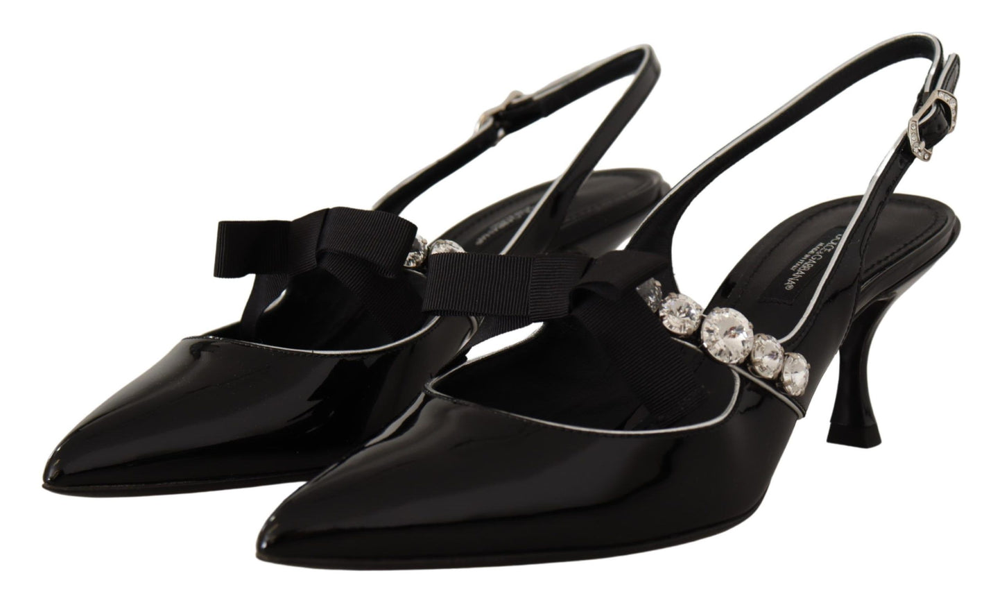 Dolce &amp; Gabbana Black Patent Leather Crystal Slingbacks Shoes