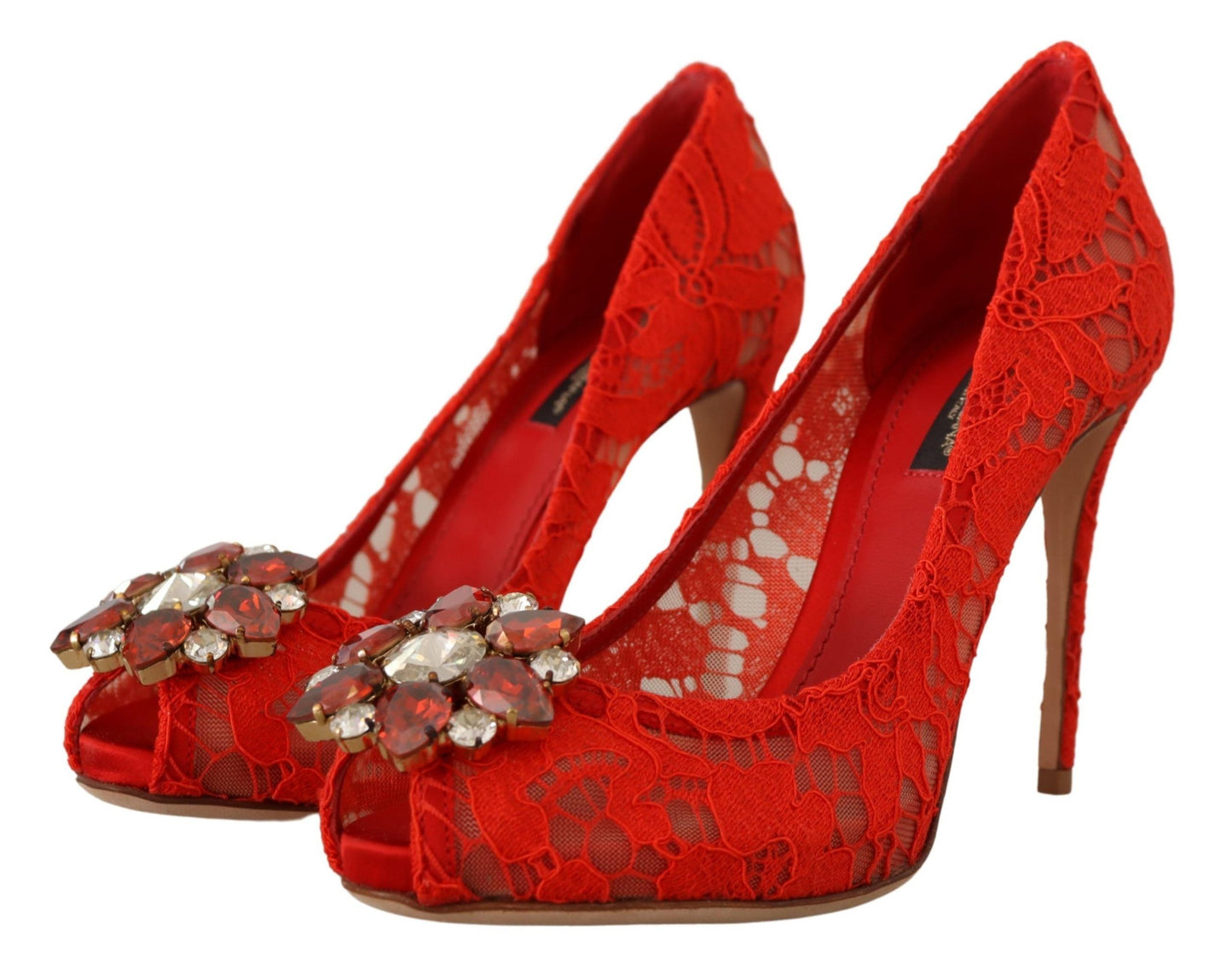 Dolce &amp; Gabbana Red Taormina Lace Crystal Heels Pumps